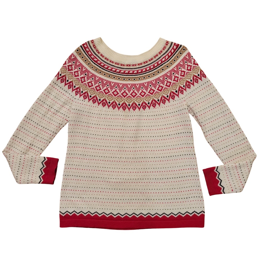 Talbots Diamond Fair Isle Knit Sweater M Red Cream Snowflake Pattern‎ Winter